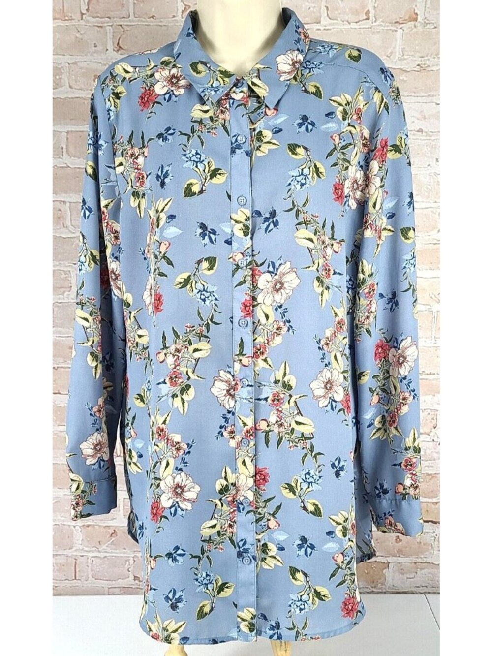 Como Blu Long Sleeve Button Up Long Blouse Top Shirt Cottagecore Floral Women M